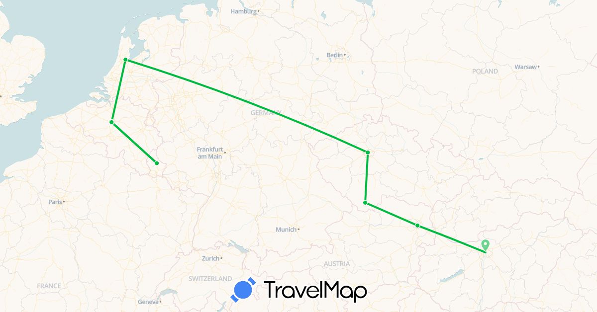TravelMap itinerary: driving, bus in Austria, Belgium, Czech Republic, Hungary, Luxembourg, Netherlands (Europe)